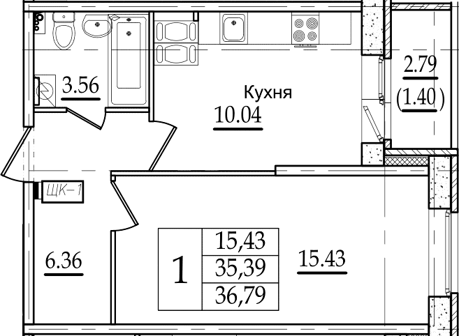 1-комнатная 38 м<sup>2</sup> на 12 этаже 1-комнатная 38 м<sup>2</sup> на 12 этаже