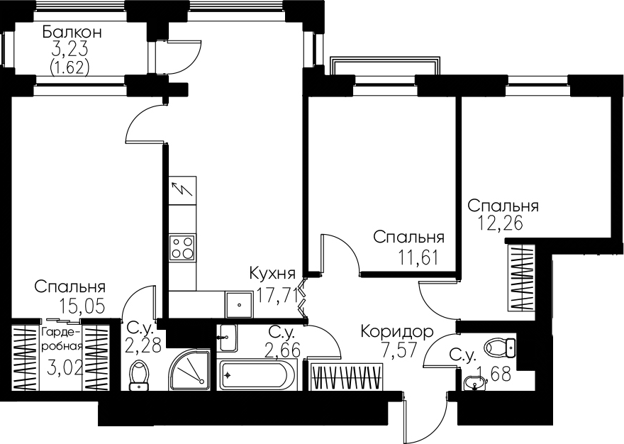 4-комнатная 77 м<sup>2</sup> на 4 этаже 4-комнатная 77 м<sup>2</sup> на 4 этаже