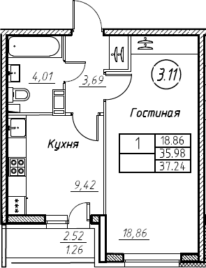 1-комнатная 38 м<sup>2</sup> на 5 этаже 1-комнатная 38 м<sup>2</sup> на 5 этаже