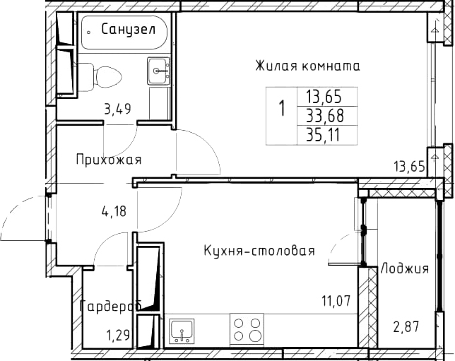 1-комнатная 36 м<sup>2</sup> на 13 этаже 1-комнатная 36 м<sup>2</sup> на 13 этаже