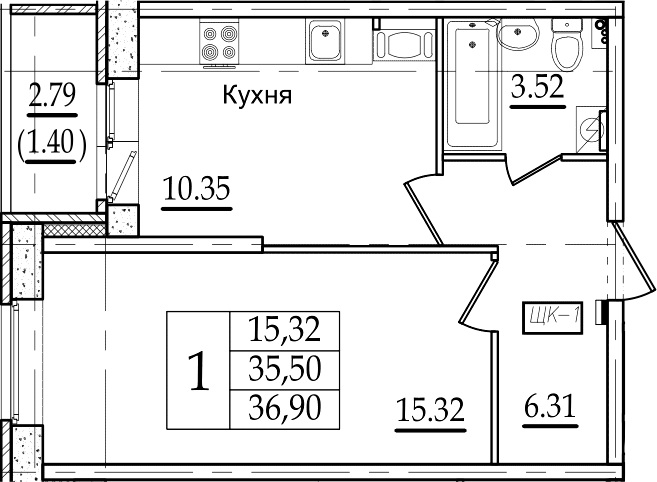 1-комнатная 38 м<sup>2</sup> на 2 этаже 1-комнатная 38 м<sup>2</sup> на 2 этаже