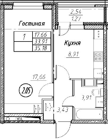 1-комнатная 36 м<sup>2</sup> на 2 этаже 1-комнатная 36 м<sup>2</sup> на 2 этаже