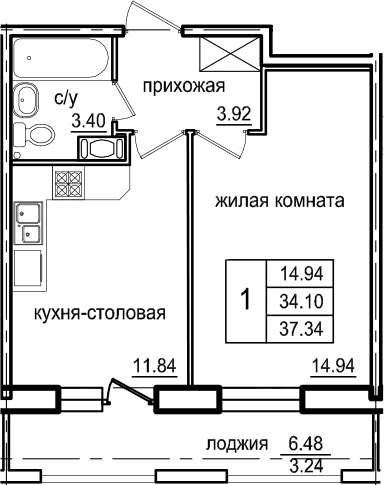 1-комнатная 40 м<sup>2</sup> на 7 этаже 1-комнатная 40 м<sup>2</sup> на 7 этаже