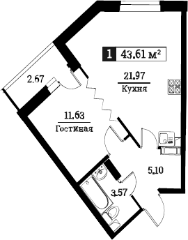 2-комнатная 44 м<sup>2</sup> на 5 этаже 2-комнатная 44 м<sup>2</sup> на 5 этаже