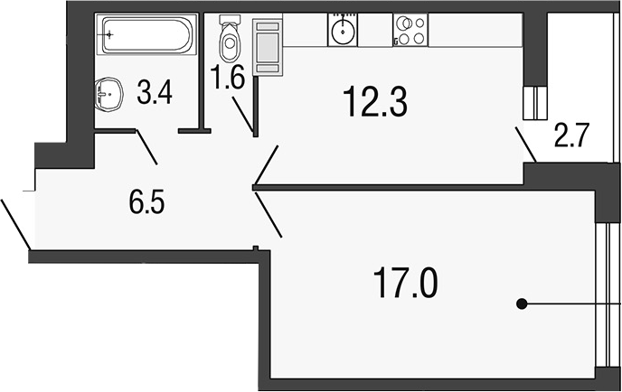 1-комнатная 43 м<sup>2</sup> на 12 этаже 1-комнатная 43 м<sup>2</sup> на 12 этаже