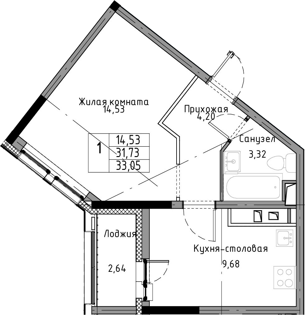 1-комнатная 34 м<sup>2</sup> на 3 этаже 1-комнатная 34 м<sup>2</sup> на 3 этаже