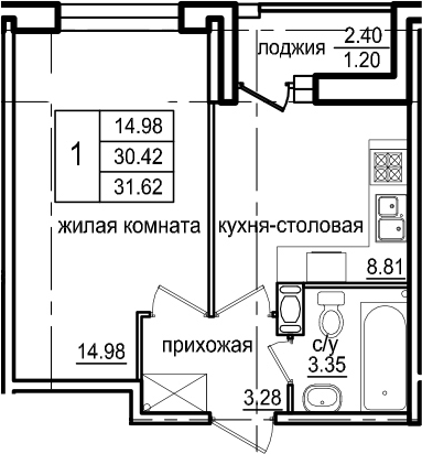 1-комнатная 32 м<sup>2</sup> на 2 этаже 1-комнатная 32 м<sup>2</sup> на 2 этаже