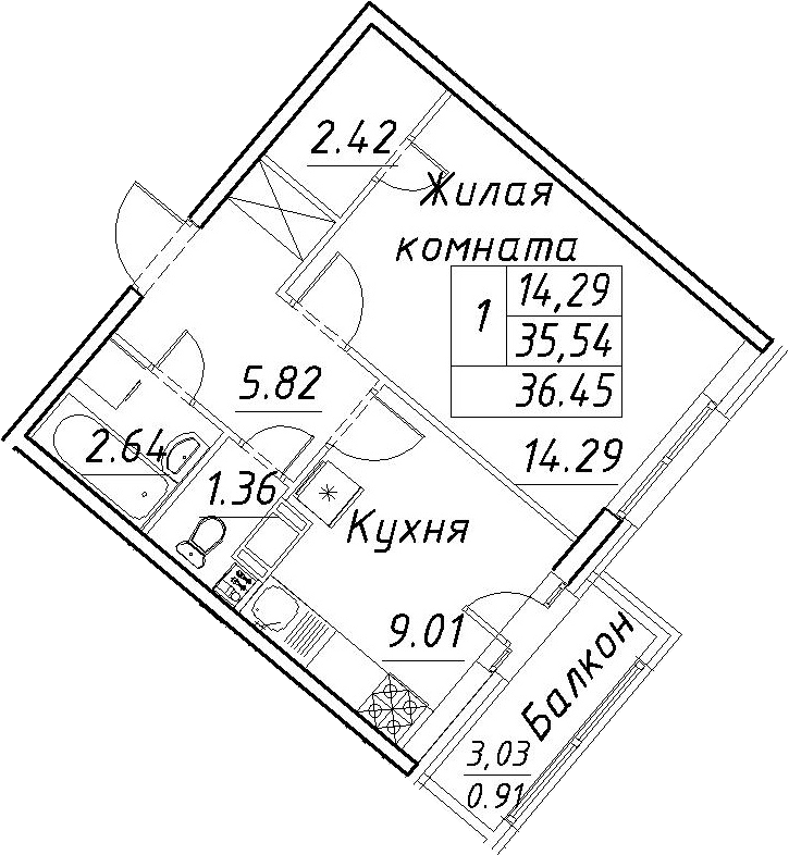 1-комнатная 38 м<sup>2</sup> на 4 этаже 1-комнатная 38 м<sup>2</sup> на 4 этаже