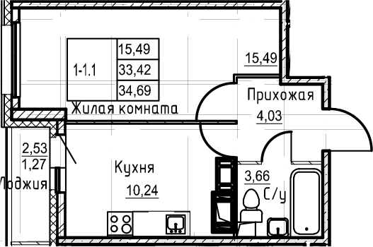 1-комнатная 35 м<sup>2</sup> на 22 этаже 1-комнатная 35 м<sup>2</sup> на 22 этаже