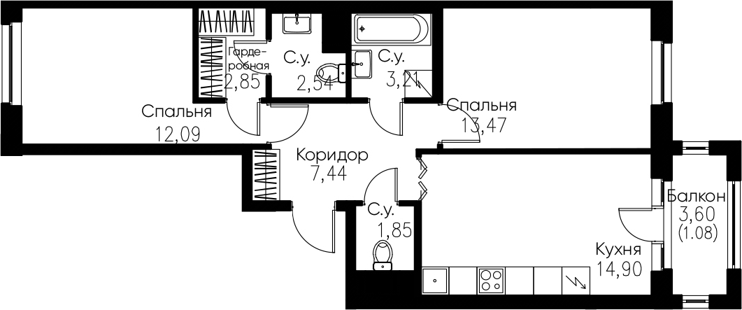 2-комнатная 61 м<sup>2</sup> на 3 этаже 2-комнатная 61 м<sup>2</sup> на 3 этаже