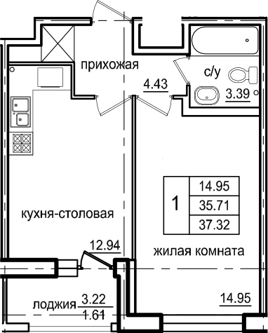 1-комнатная 38 м<sup>2</sup> на 2 этаже 1-комнатная 38 м<sup>2</sup> на 2 этаже