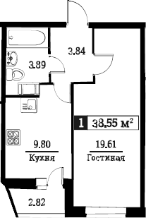1-комнатная 39 м<sup>2</sup> на 12 этаже 1-комнатная 39 м<sup>2</sup> на 12 этаже
