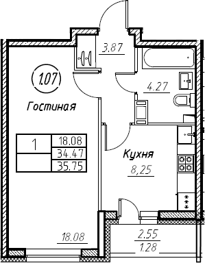 1-комнатная 37 м<sup>2</sup> на 8 этаже 1-комнатная 37 м<sup>2</sup> на 8 этаже