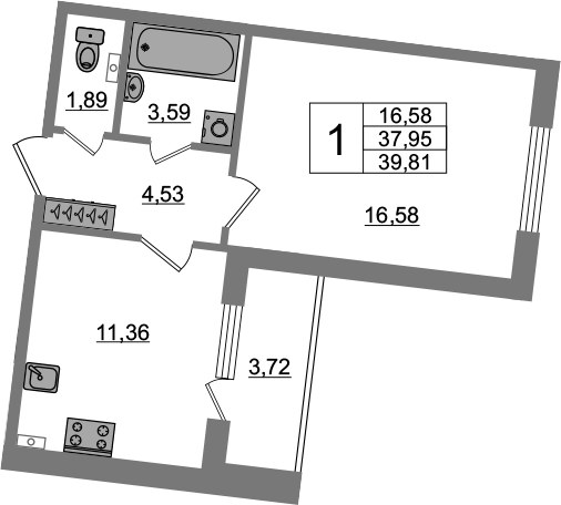 1-комнатная 41 м<sup>2</sup> на 1 этаже 1-комнатная 41 м<sup>2</sup> на 1 этаже