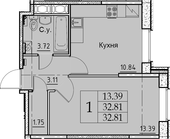 1-комнатная 32 м<sup>2</sup> на 2 этаже 1-комнатная 32 м<sup>2</sup> на 2 этаже