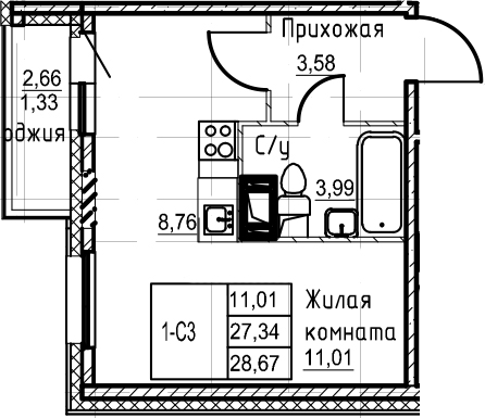Студия 30 м<sup>2</sup> на 18 этаже Студия 30 м<sup>2</sup> на 18 этаже