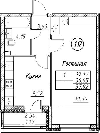 1-комнатная 39 м<sup>2</sup> на 2 этаже 1-комнатная 39 м<sup>2</sup> на 2 этаже