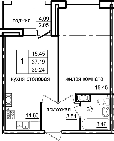 1-комнатная 41 м<sup>2</sup> на 6 этаже 1-комнатная 41 м<sup>2</sup> на 6 этаже