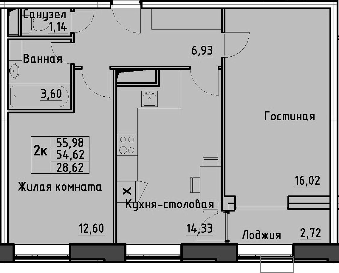 2-комнатная 57 м<sup>2</sup> на 13 этаже 2-комнатная 57 м<sup>2</sup> на 13 этаже