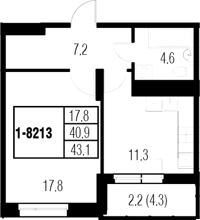 1-комнатная 45 м<sup>2</sup> на 21 этаже 1-комнатная 45 м<sup>2</sup> на 21 этаже