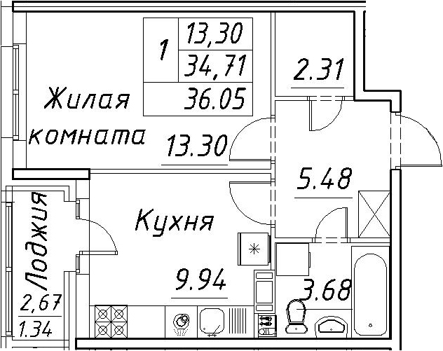 1-комнатная 37 м<sup>2</sup> на 3 этаже 1-комнатная 37 м<sup>2</sup> на 3 этаже