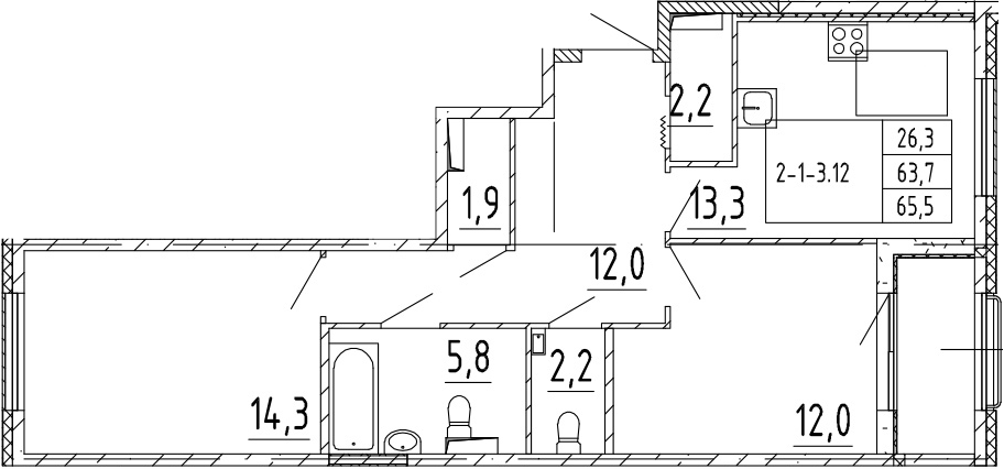 2-комнатная 67 м<sup>2</sup> на 2 этаже 2-комнатная 67 м<sup>2</sup> на 2 этаже