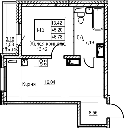 2-комнатная 48 м<sup>2</sup> на 3 этаже 2-комнатная 48 м<sup>2</sup> на 3 этаже