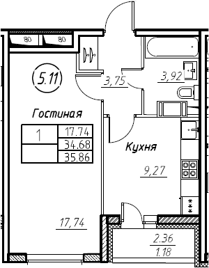 1-комнатная 37 м<sup>2</sup> на 14 этаже 1-комнатная 37 м<sup>2</sup> на 14 этаже