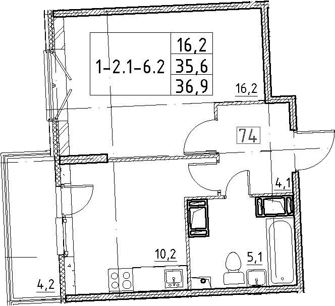 1-комнатная 39 м<sup>2</sup> на 3 этаже 1-комнатная 39 м<sup>2</sup> на 3 этаже