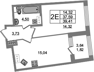 2-комнатная 41 м<sup>2</sup> на 3 этаже 2-комнатная 41 м<sup>2</sup> на 3 этаже