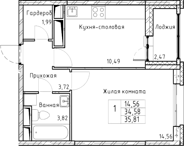 1-комнатная 37 м<sup>2</sup> на 6 этаже 1-комнатная 37 м<sup>2</sup> на 6 этаже