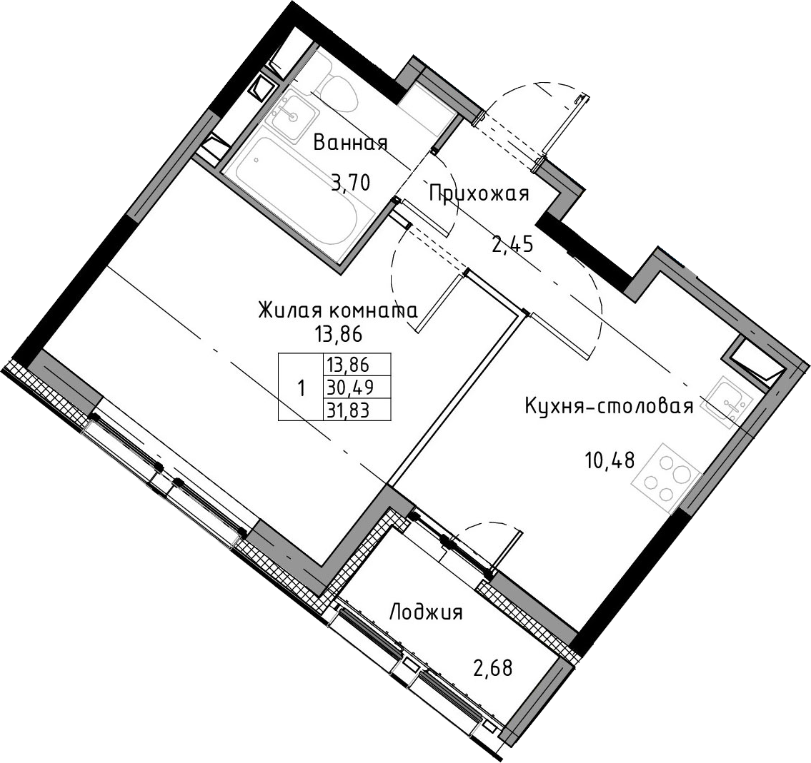 1-комнатная 33 м<sup>2</sup> на 3 этаже 1-комнатная 33 м<sup>2</sup> на 3 этаже