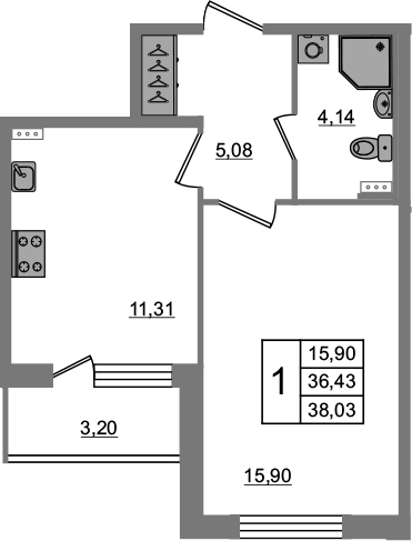 1-комнатная 39 м<sup>2</sup> на 2 этаже 1-комнатная 39 м<sup>2</sup> на 2 этаже