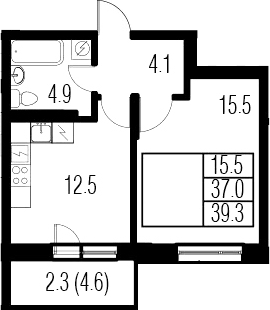 1-комнатная 41 м<sup>2</sup> на 4 этаже 1-комнатная 41 м<sup>2</sup> на 4 этаже