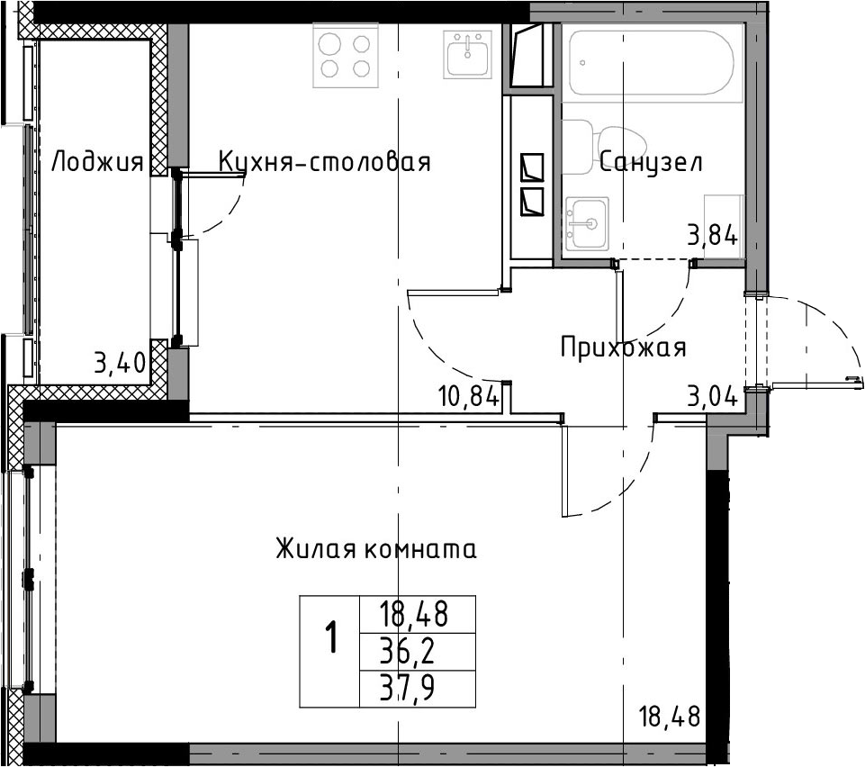 1-комнатная 39 м<sup>2</sup> на 9 этаже 1-комнатная 39 м<sup>2</sup> на 9 этаже