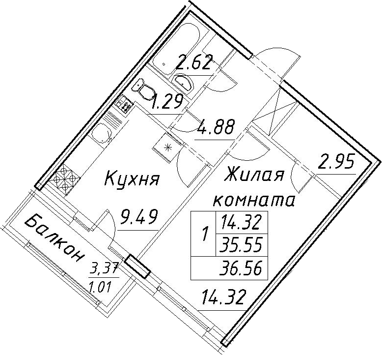 1-комнатная 38 м<sup>2</sup> на 2 этаже 1-комнатная 38 м<sup>2</sup> на 2 этаже