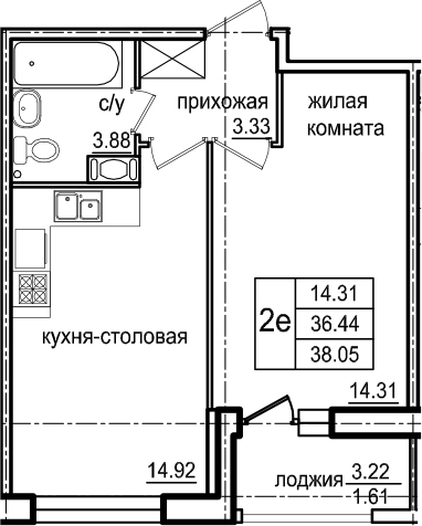 2-комнатная 39 м<sup>2</sup> на 4 этаже 2-комнатная 39 м<sup>2</sup> на 4 этаже