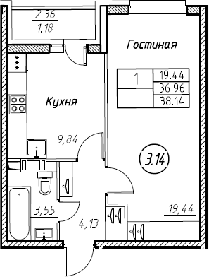 1-комнатная 39 м<sup>2</sup> на 7 этаже 1-комнатная 39 м<sup>2</sup> на 7 этаже