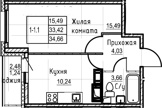 1-комнатная 35 м<sup>2</sup> на 21 этаже 1-комнатная 35 м<sup>2</sup> на 21 этаже