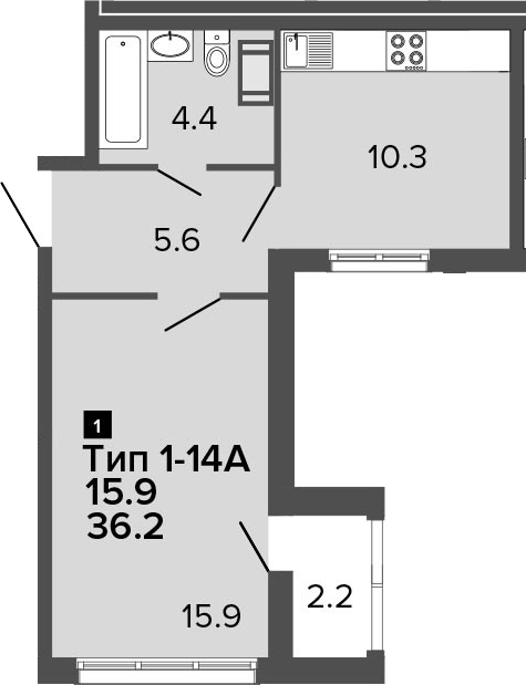 1-комнатная 38 м<sup>2</sup> на 15 этаже 1-комнатная 38 м<sup>2</sup> на 15 этаже
