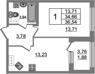 1-комнатная 38 м<sup>2</sup> на 4 этаже 1-комнатная 38 м<sup>2</sup> на 4 этаже