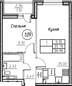 2-комнатная 38 м<sup>2</sup> на 9 этаже 2-комнатная 38 м<sup>2</sup> на 9 этаже