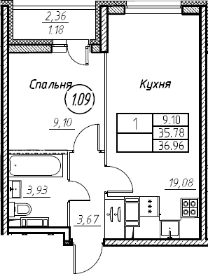2-комнатная 38 м<sup>2</sup> на 21 этаже 2-комнатная 38 м<sup>2</sup> на 21 этаже