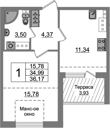 1-комнатная 38 м<sup>2</sup> на 5 этаже 1-комнатная 38 м<sup>2</sup> на 5 этаже