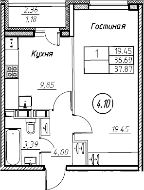 1-комнатная 39 м<sup>2</sup> на 21 этаже 1-комнатная 39 м<sup>2</sup> на 21 этаже
