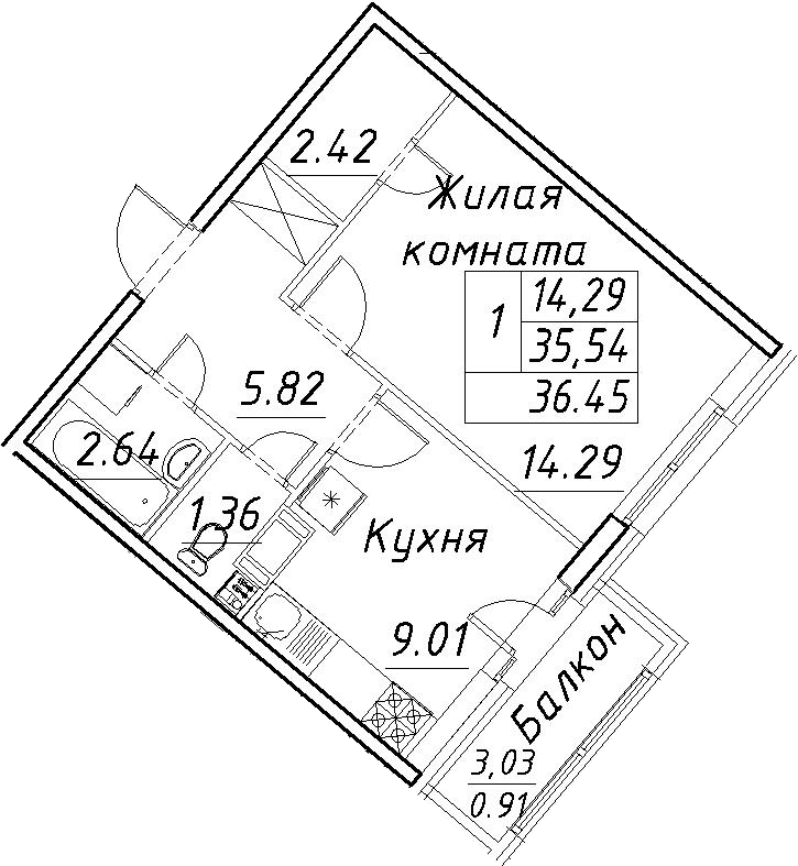 1-комнатная 38 м<sup>2</sup> на 5 этаже 1-комнатная 38 м<sup>2</sup> на 5 этаже