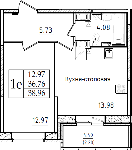 1-комнатная 41 м<sup>2</sup> на 2 этаже 1-комнатная 41 м<sup>2</sup> на 2 этаже