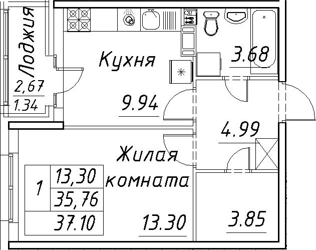 1-комнатная 38 м<sup>2</sup> на 11 этаже 1-комнатная 38 м<sup>2</sup> на 11 этаже