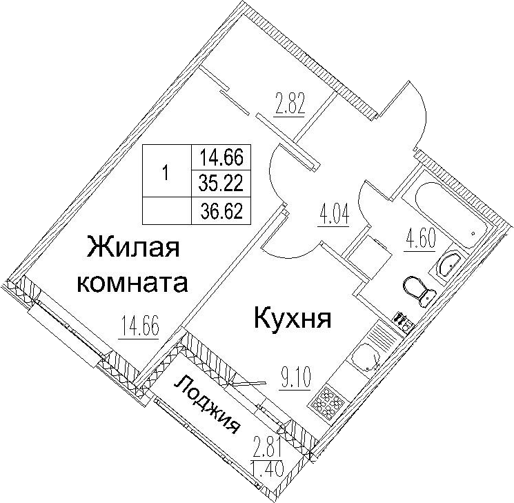 1-комнатная 38 м<sup>2</sup> на 2 этаже 1-комнатная 38 м<sup>2</sup> на 2 этаже