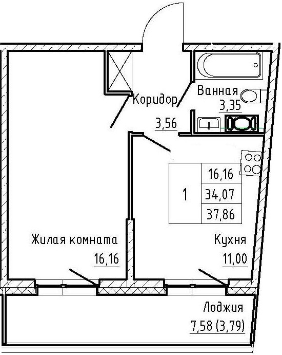 1-комнатная 41 м<sup>2</sup> на 4 этаже 1-комнатная 41 м<sup>2</sup> на 4 этаже
